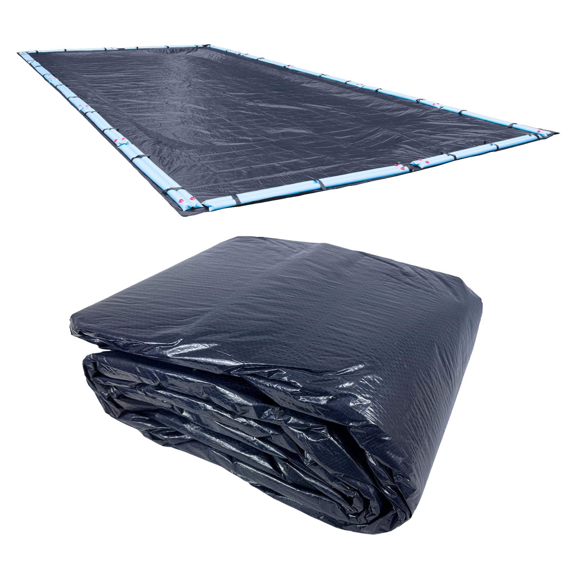 Robelle front view of 20x40 economy winter pool cover showing navy blue topside and benefit of full protection