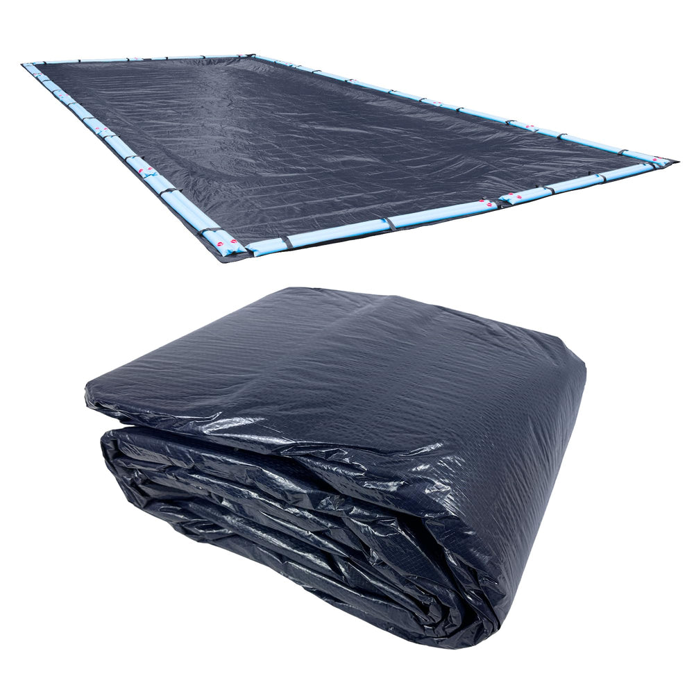 Robelle front view of 20x40 economy winter pool cover showing navy blue topside and benefit of full protection