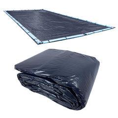 Robelle front view of 20x40 economy winter pool cover showing navy blue topside and benefit of full protection