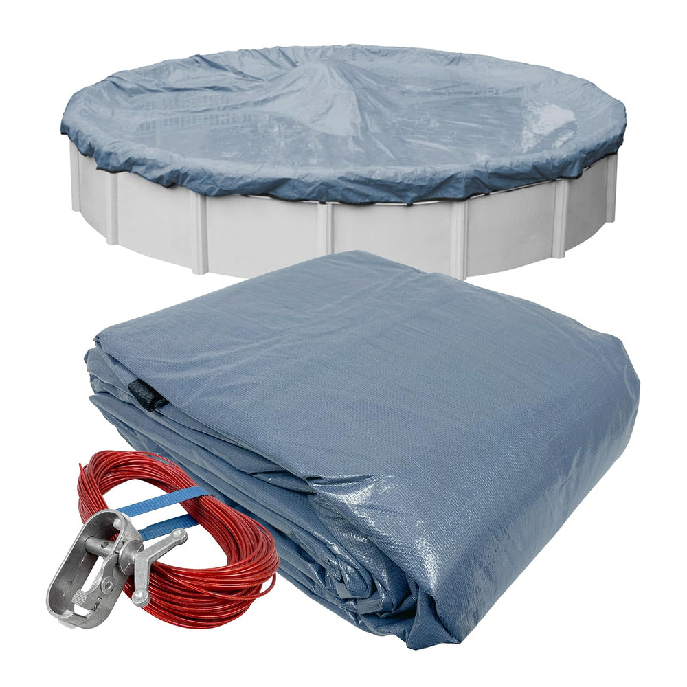 Robelle front view of 28 ft premier winter cover showing complete packaging and coverage benefit
