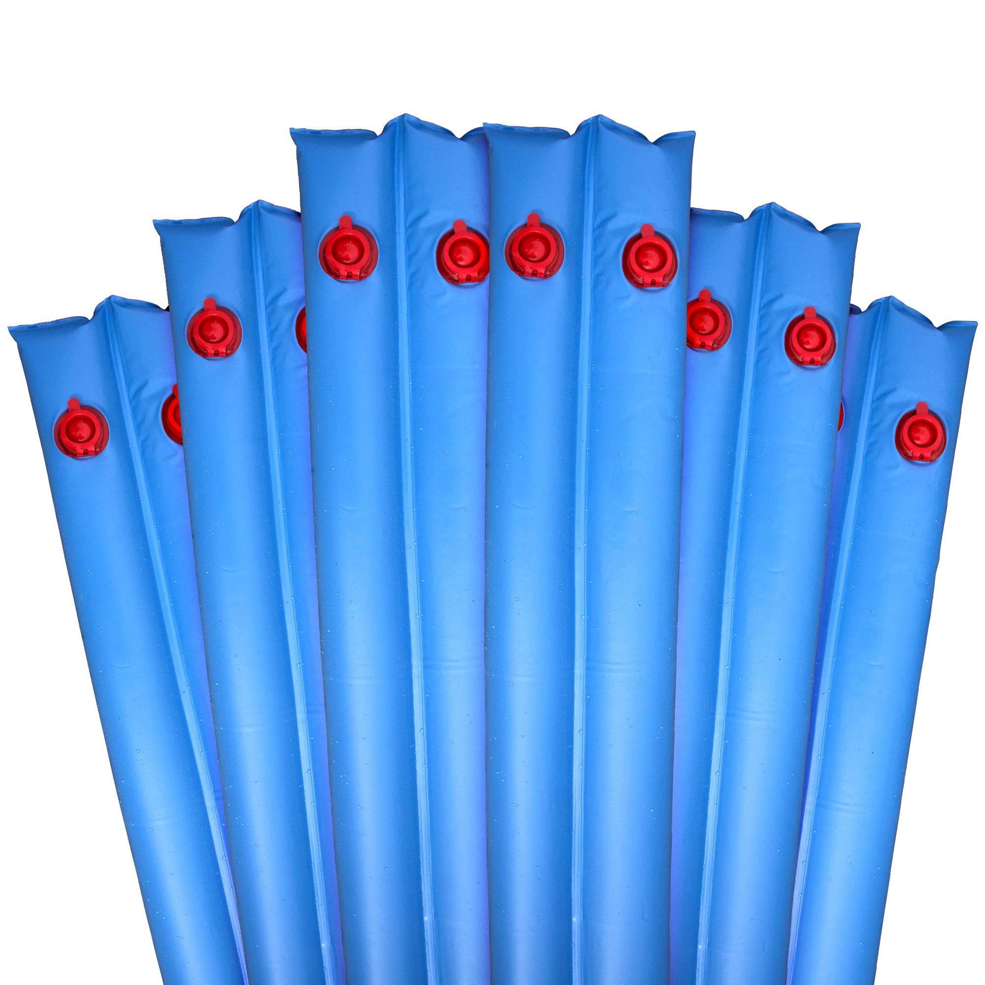 Robelle 6-pack front view showing blue 10 ft water tubes securing a pool cover