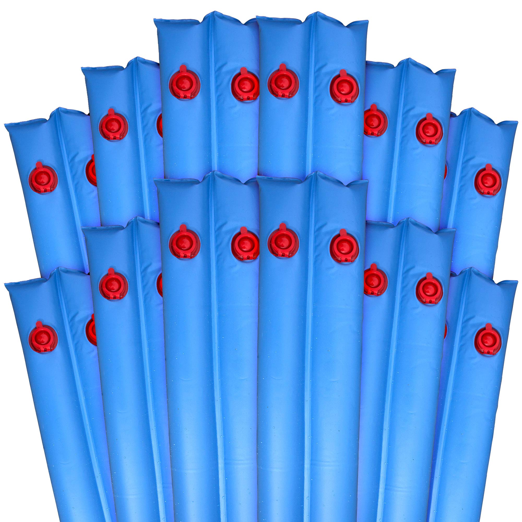Robelle blue 8 ft. weights laid along pool cover edge showing secure hold