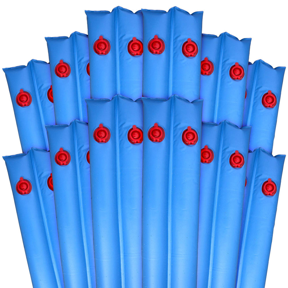 Robelle blue 8 ft. weights laid along pool cover edge showing secure hold