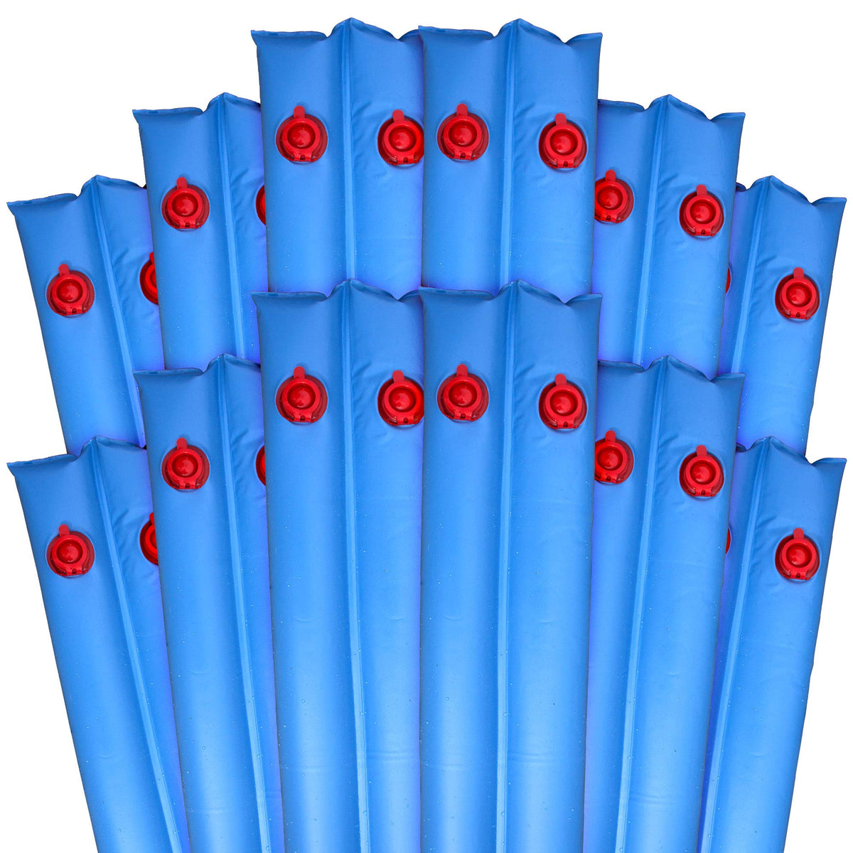 Robelle blue 8 ft. weights laid along pool cover edge showing secure hold