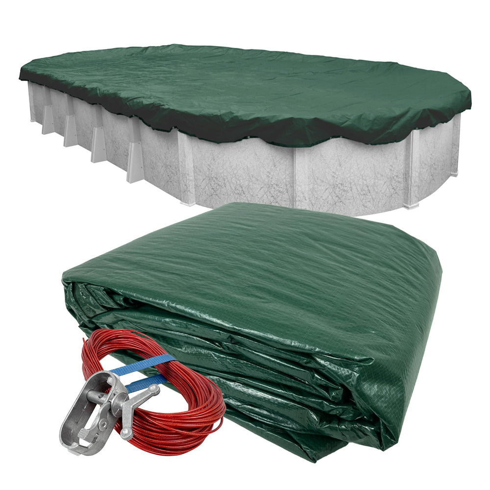Robelle front view of oval winter cover showing full fit and secure protection