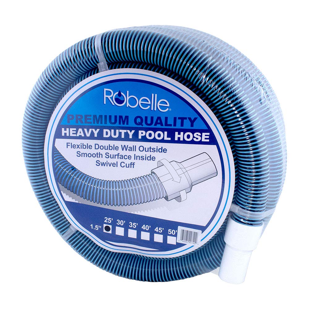 Robelle front view of 25 ft pool vacuum hose showing length and color for reliable cleaning
