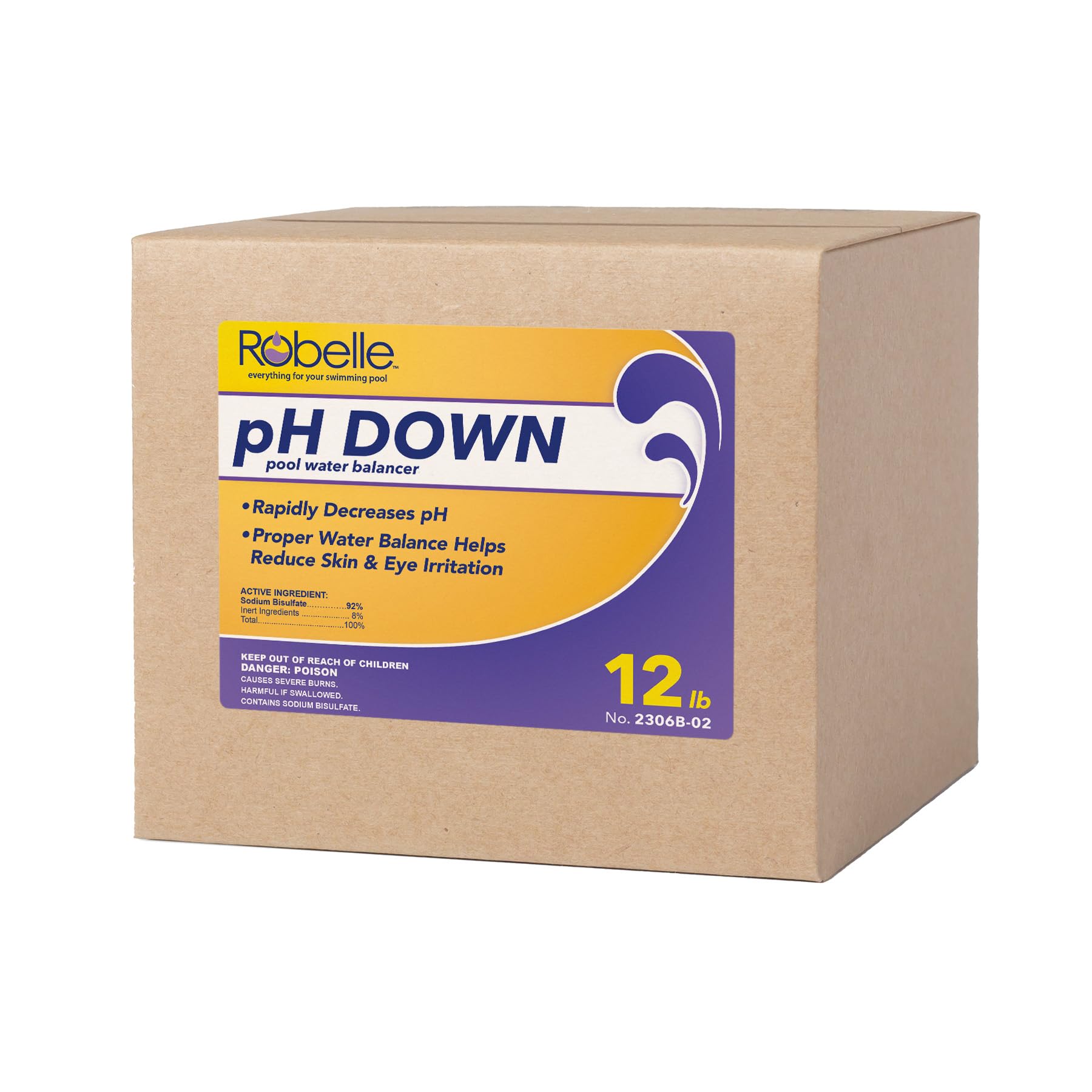 Robelle pH Down 12-pound pail front view showing label and secure lid for storage