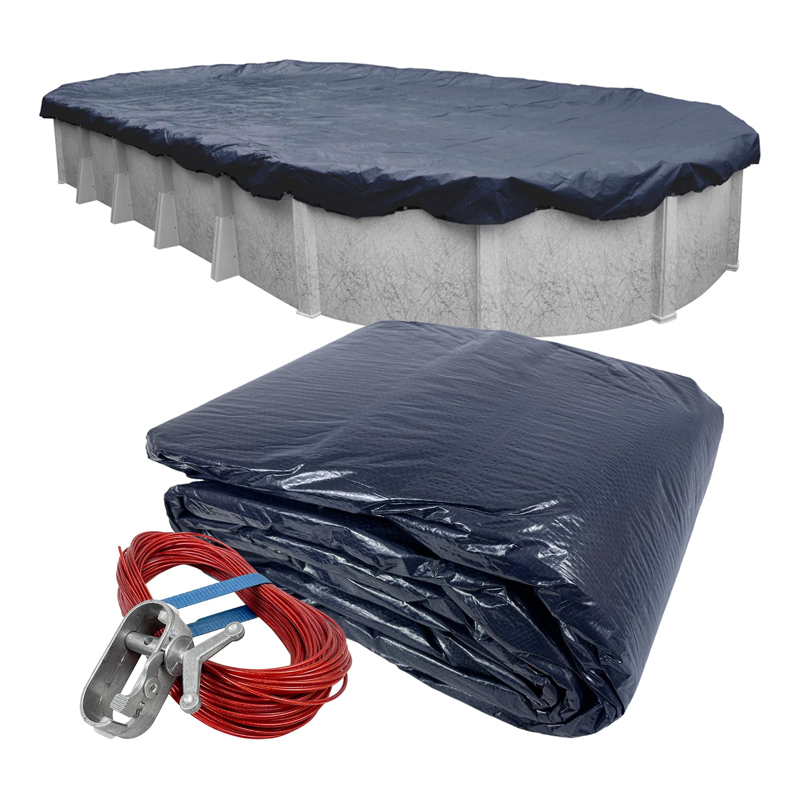 Robelle full cover spread showing navy top and black underside for clear pool protection
