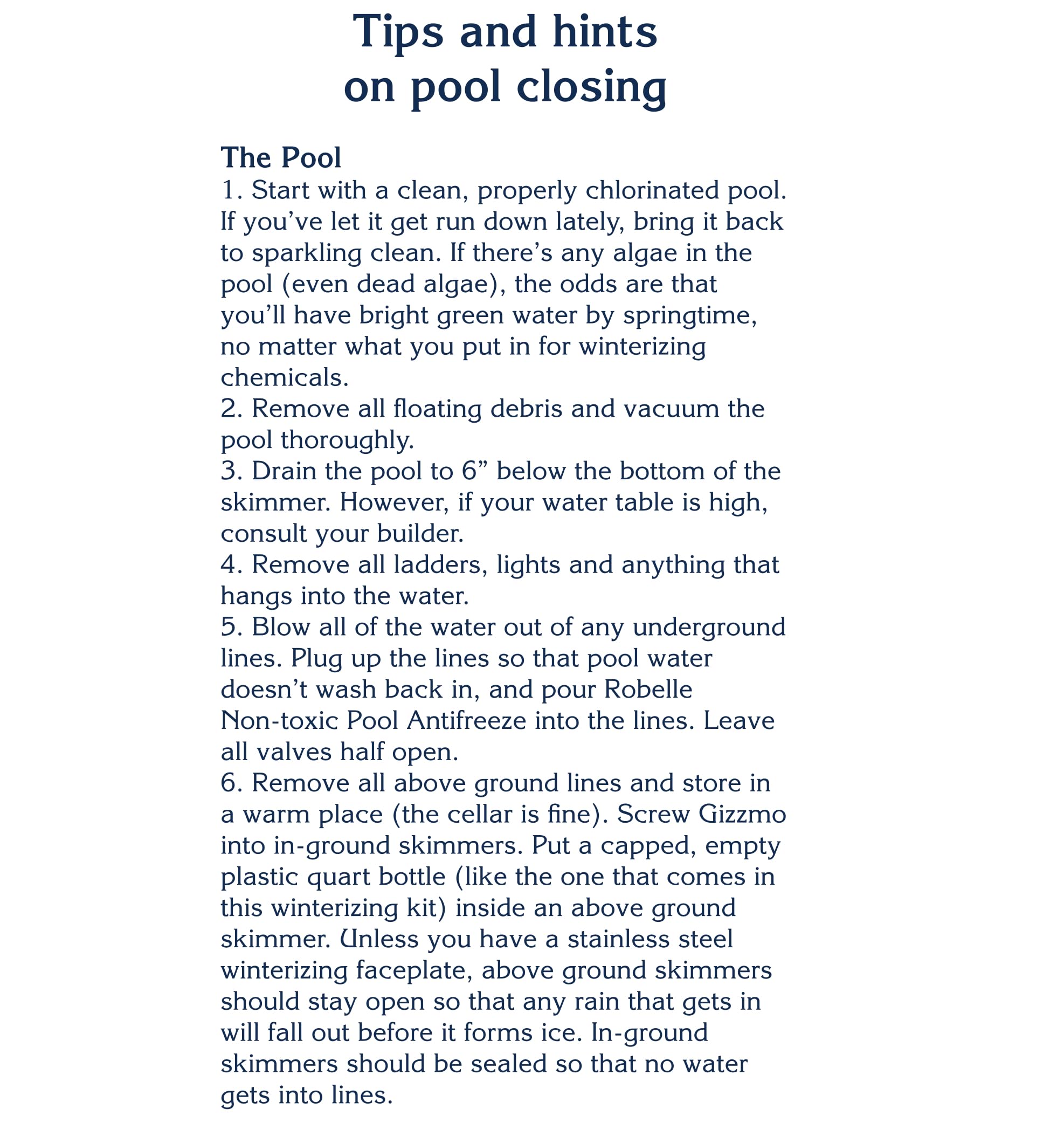 Robelle product label and instructions close-up for clear step-by-step winterizing guidance