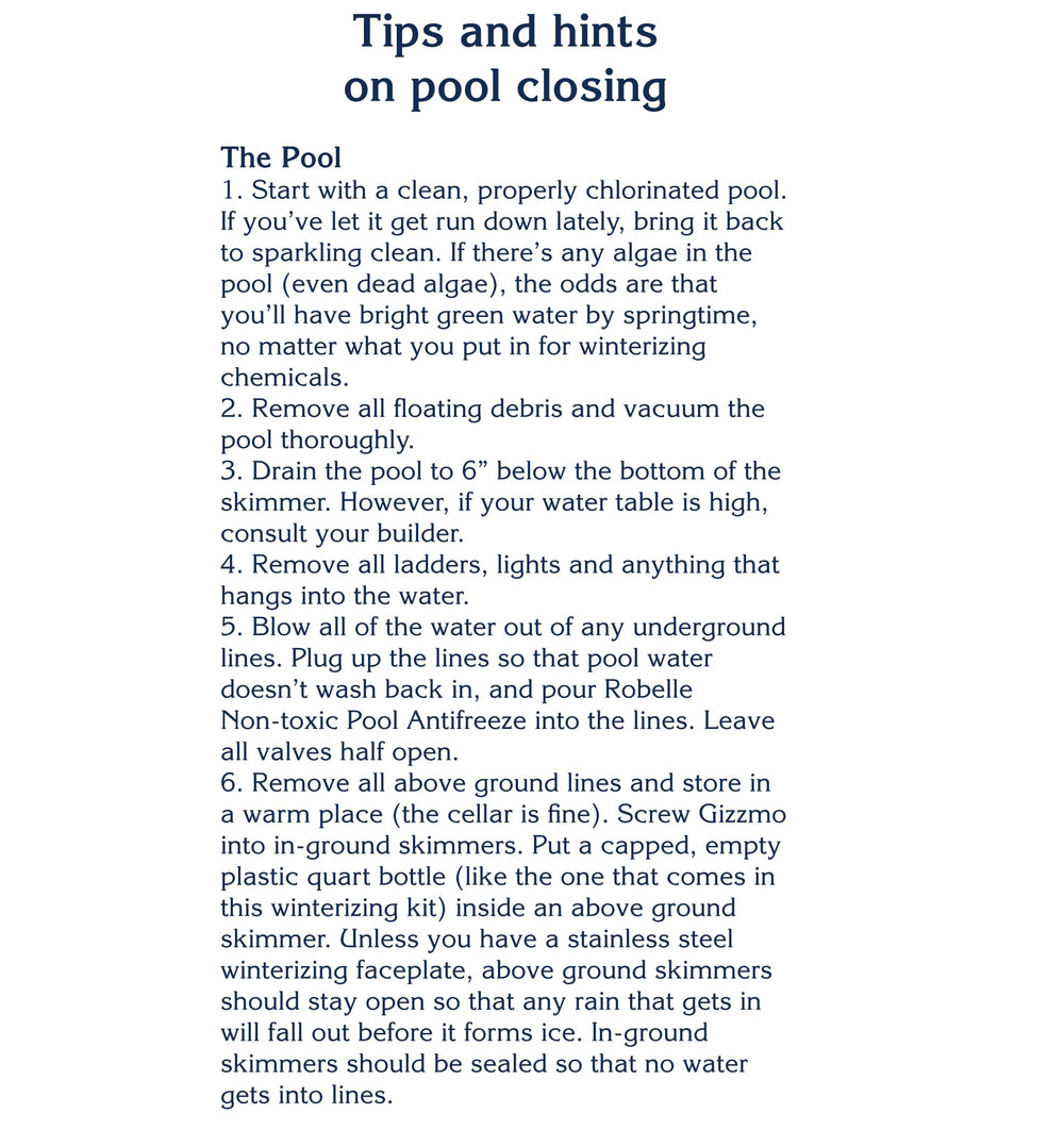 Robelle product label and instructions close-up for clear step-by-step winterizing guidance
