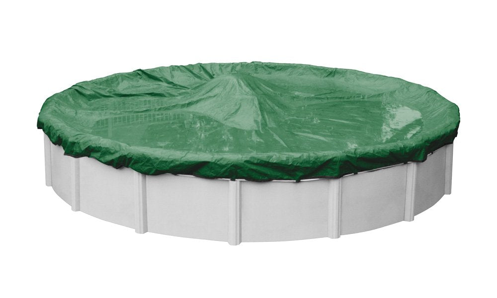 Robelle Optimum front view showing cover on pool and durable overlap benefit