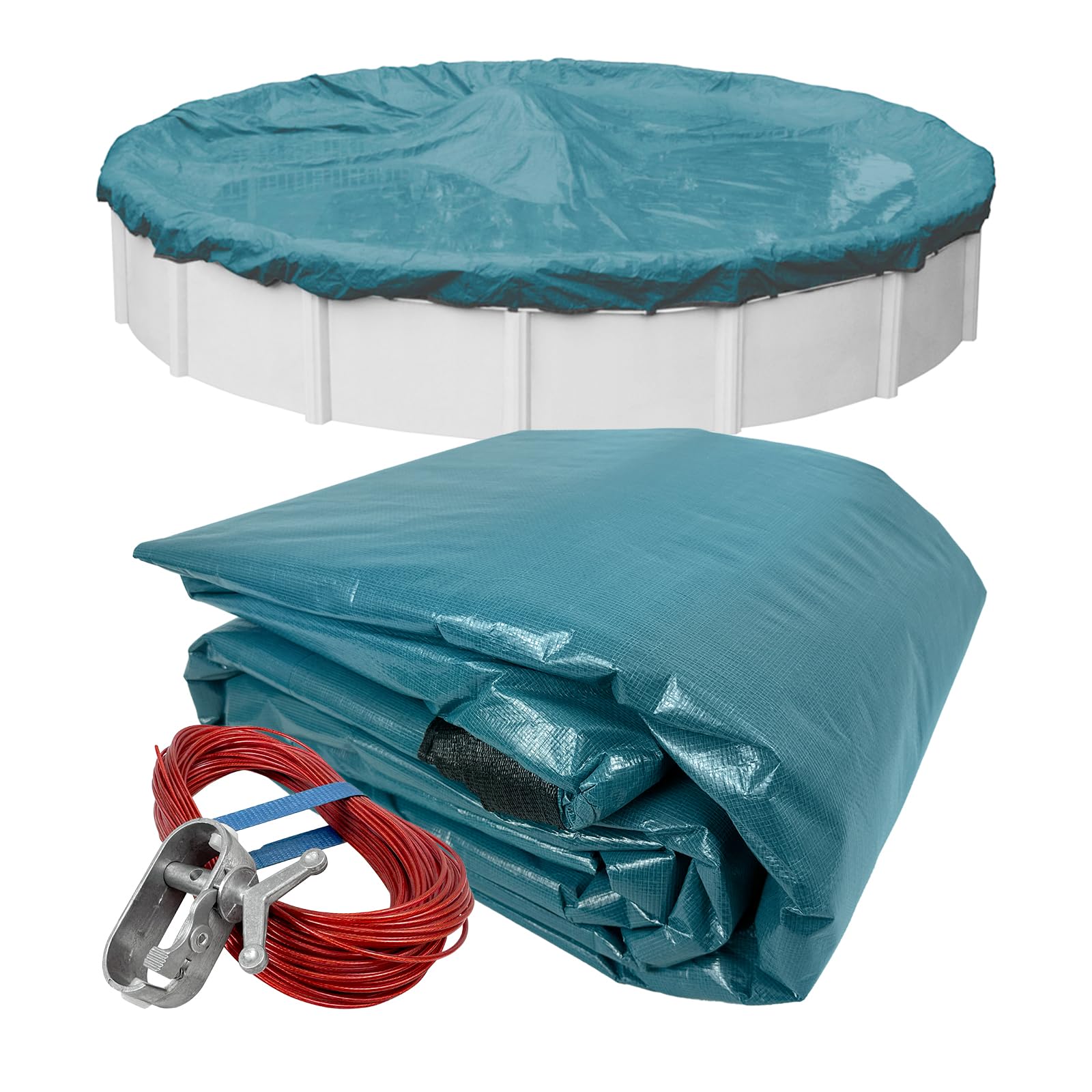 Robelle cover front view on 21 ft pool showing secure fit and protection