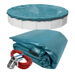 Robelle cover front view on 21 ft pool showing secure fit and protection