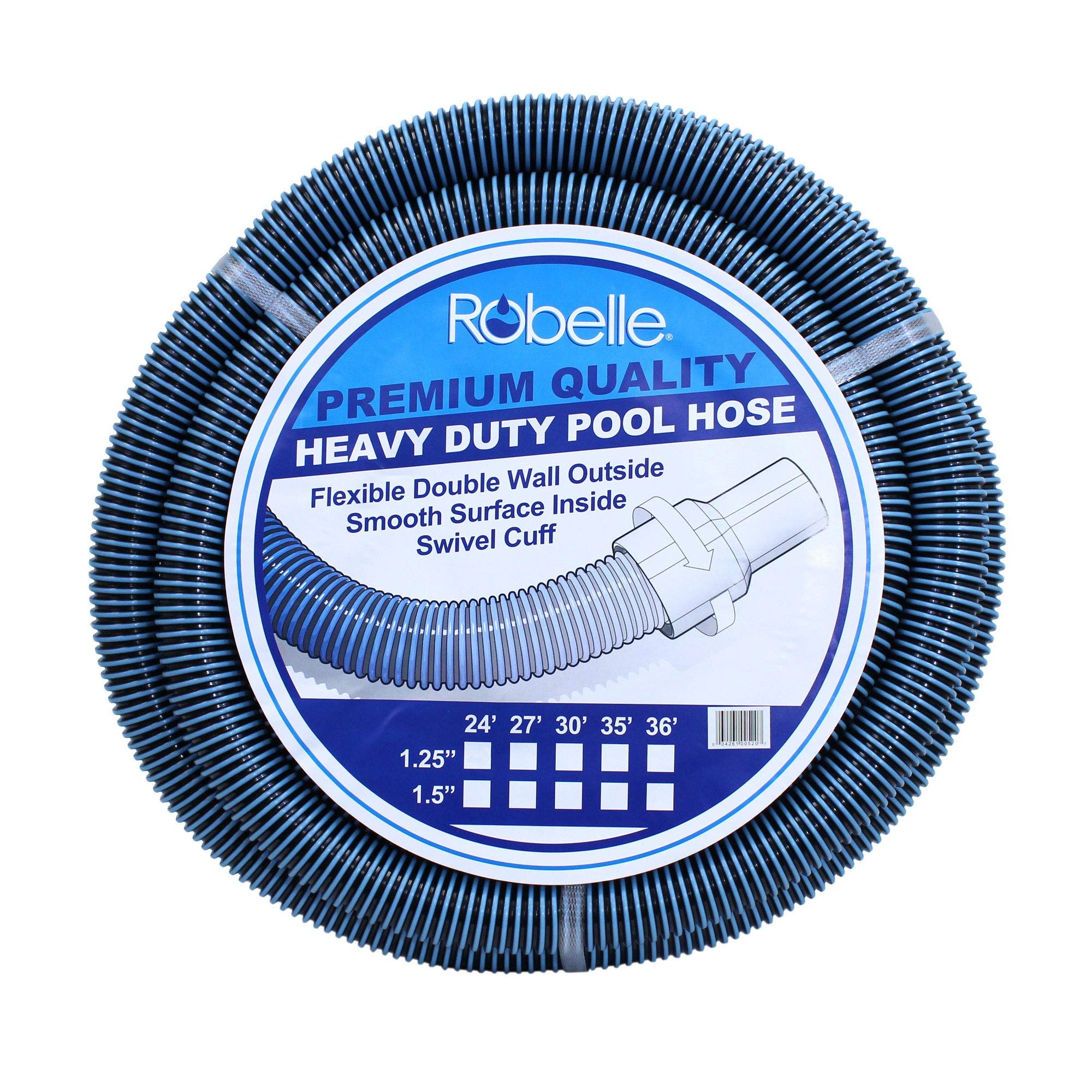 Robelle vacuum hose front view showing length and durable outer shell for reliable pool cleaning