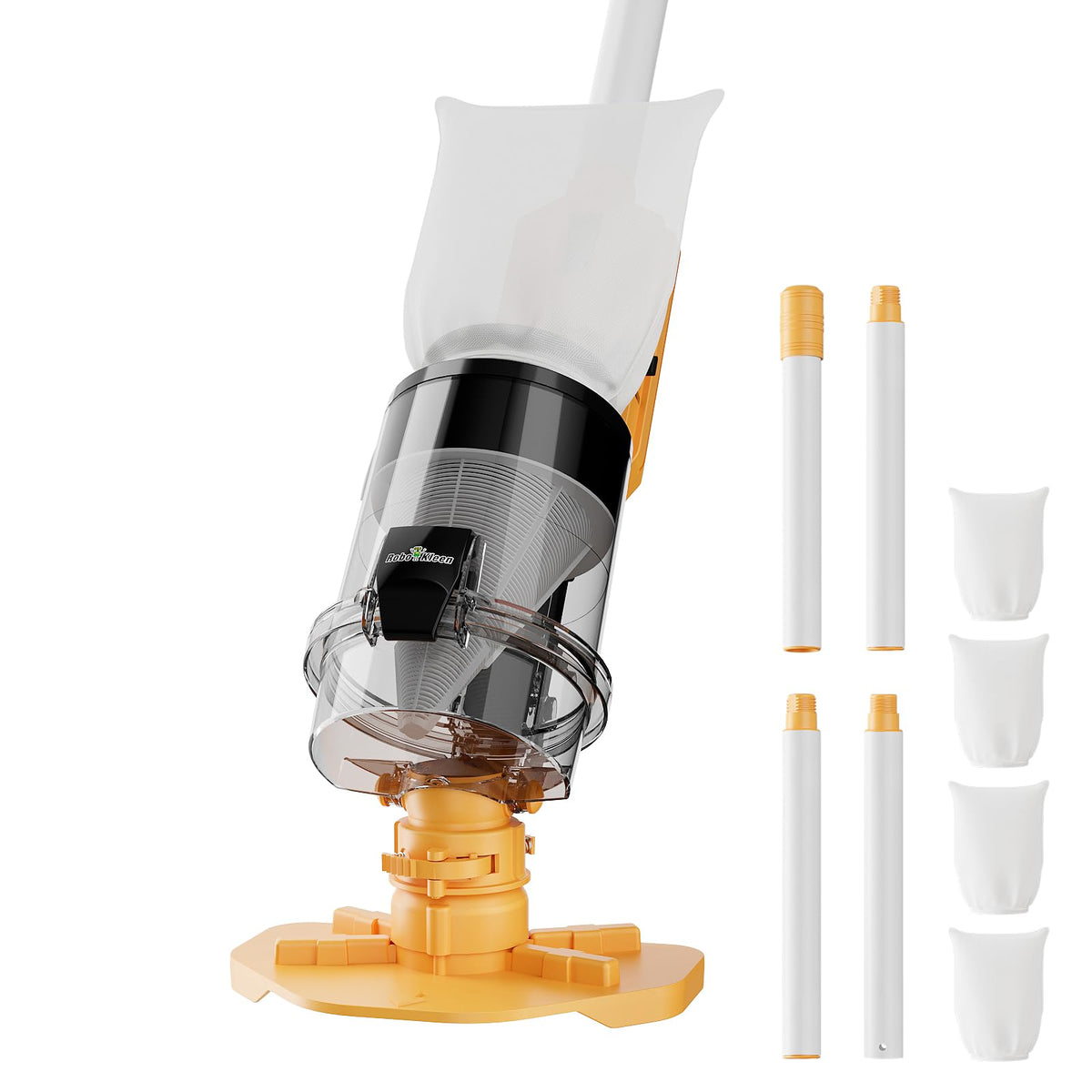ROBOKLEEN front view of orange cordless pool vacuum showing compact design and easy grip
