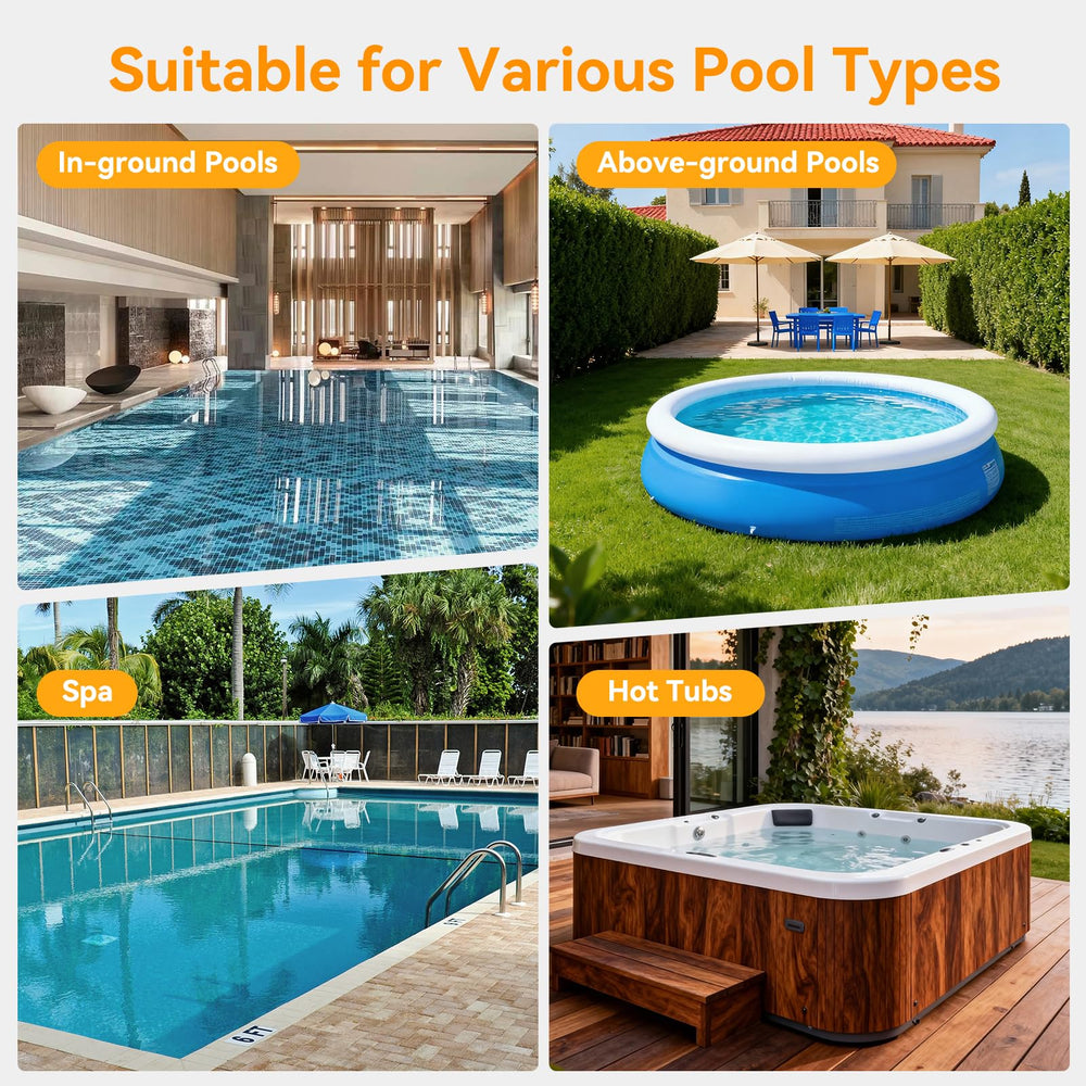 ROBOKLEEN cordless pool vacuum in backyard pool lifestyle scene showing fast spot cleaning
