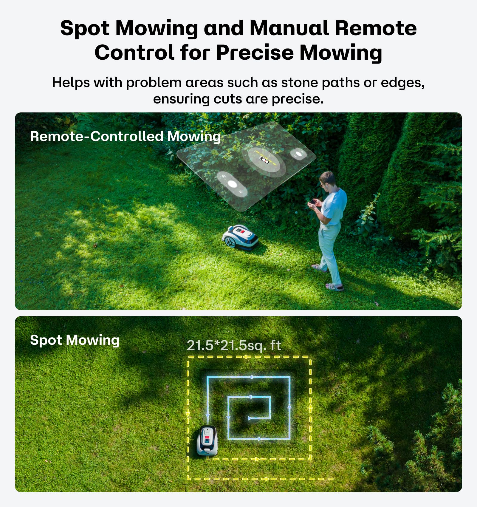 RoboUP mowing in backyard lifestyle scene saving homeowner time benefit