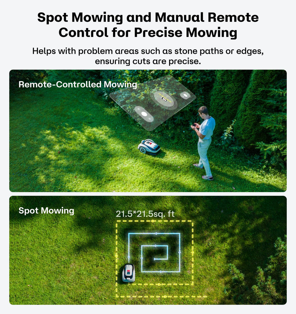 RoboUP mowing in backyard lifestyle scene saving homeowner time benefit