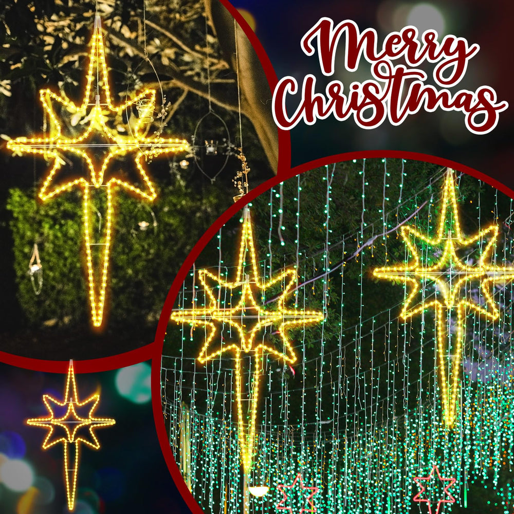 ROCEEI Bethlehem star lit on a porch creating cozy holiday curb appeal