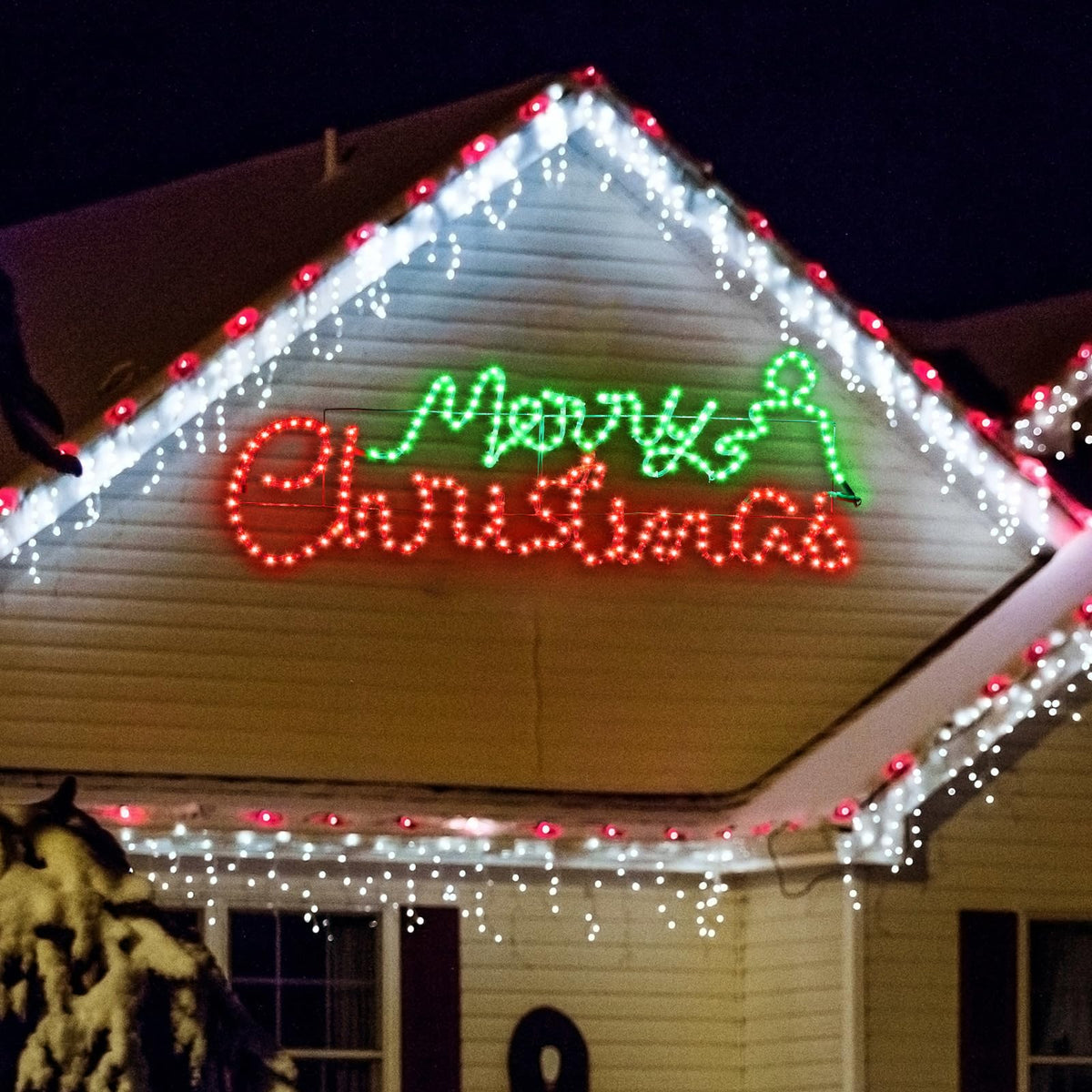 ROCEEI front view of Merry Christmas sign showing bright red and green LEDs and clear letters