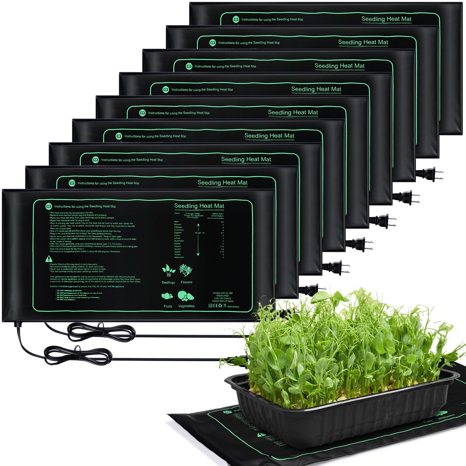 ROCEEI front view of six heat mats showing compact tray-ready design and uniform warmth