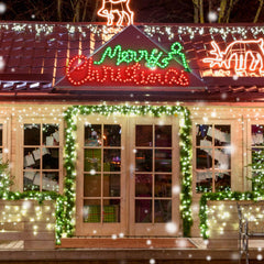 ROCEEI mounted on a porch at night providing festive curb appeal and strong visibility