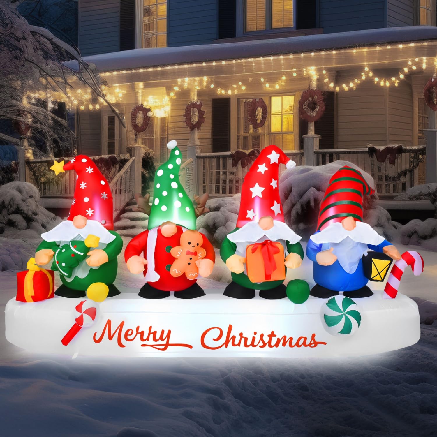Rocinha front view of 8FT gnome inflatable showing bright festive presence