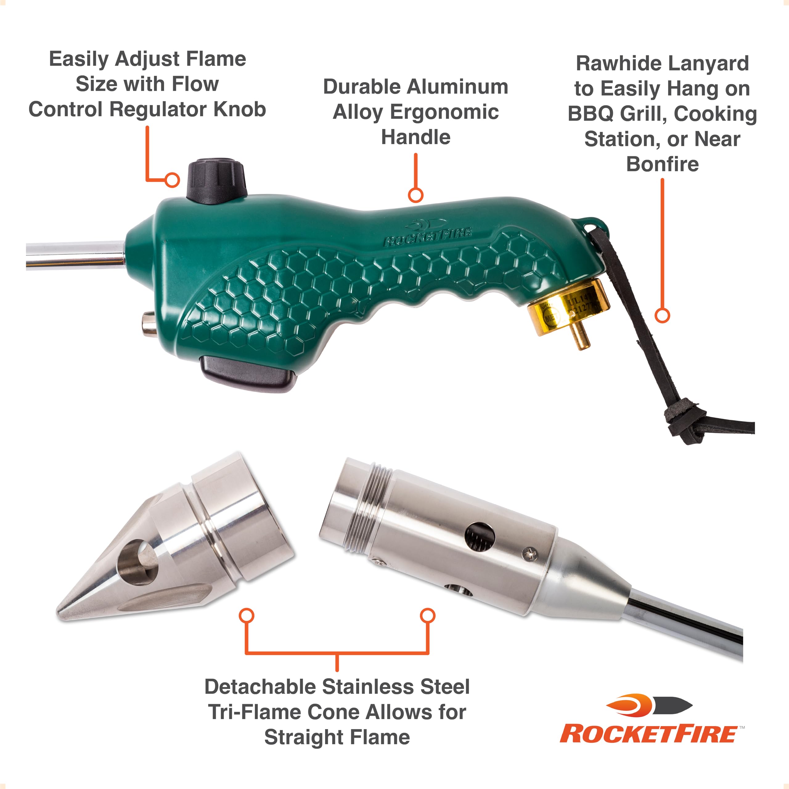 RocketFire torch in use lighting charcoal grill quickly for faster cooking startup