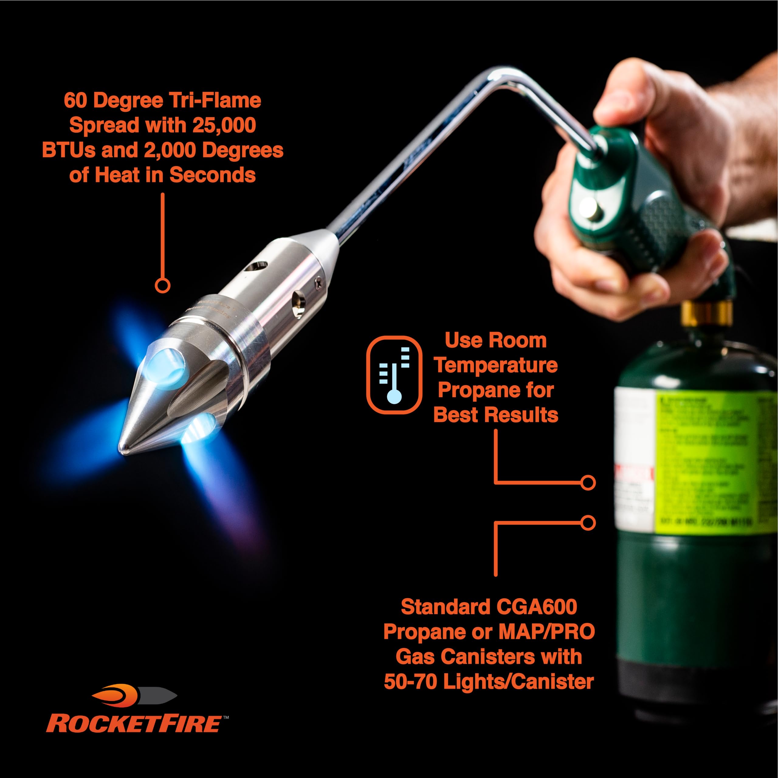 RocketFire tri‑flame tip closeup highlighting concentrated flames for fast ignition