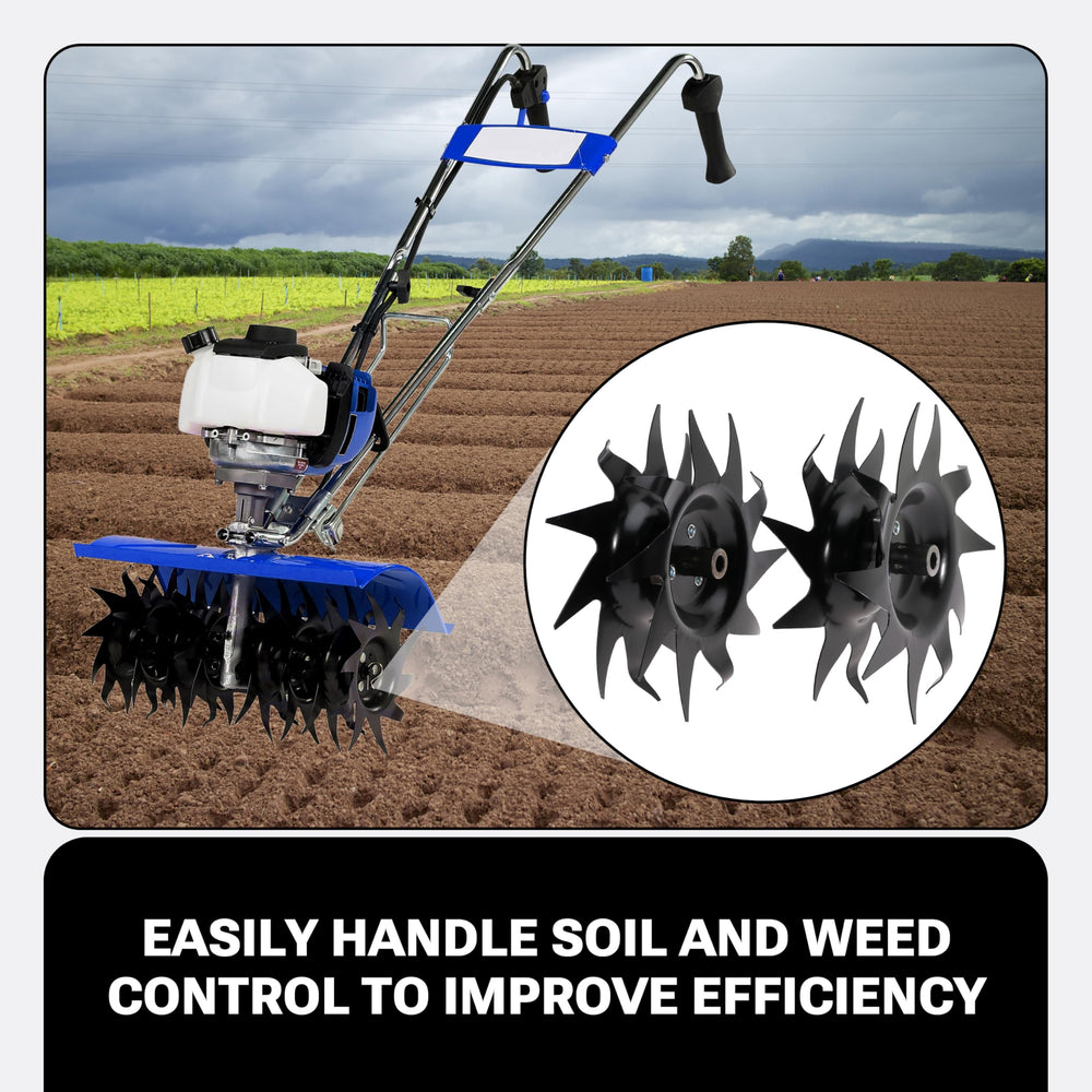 Rockheel tines in garden bed showing efficient weeding and soil preparation