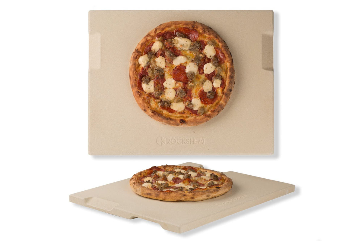 ROCKSHEAT front view of 15x12 pizza stone showing solid build and handles for safer transfers
