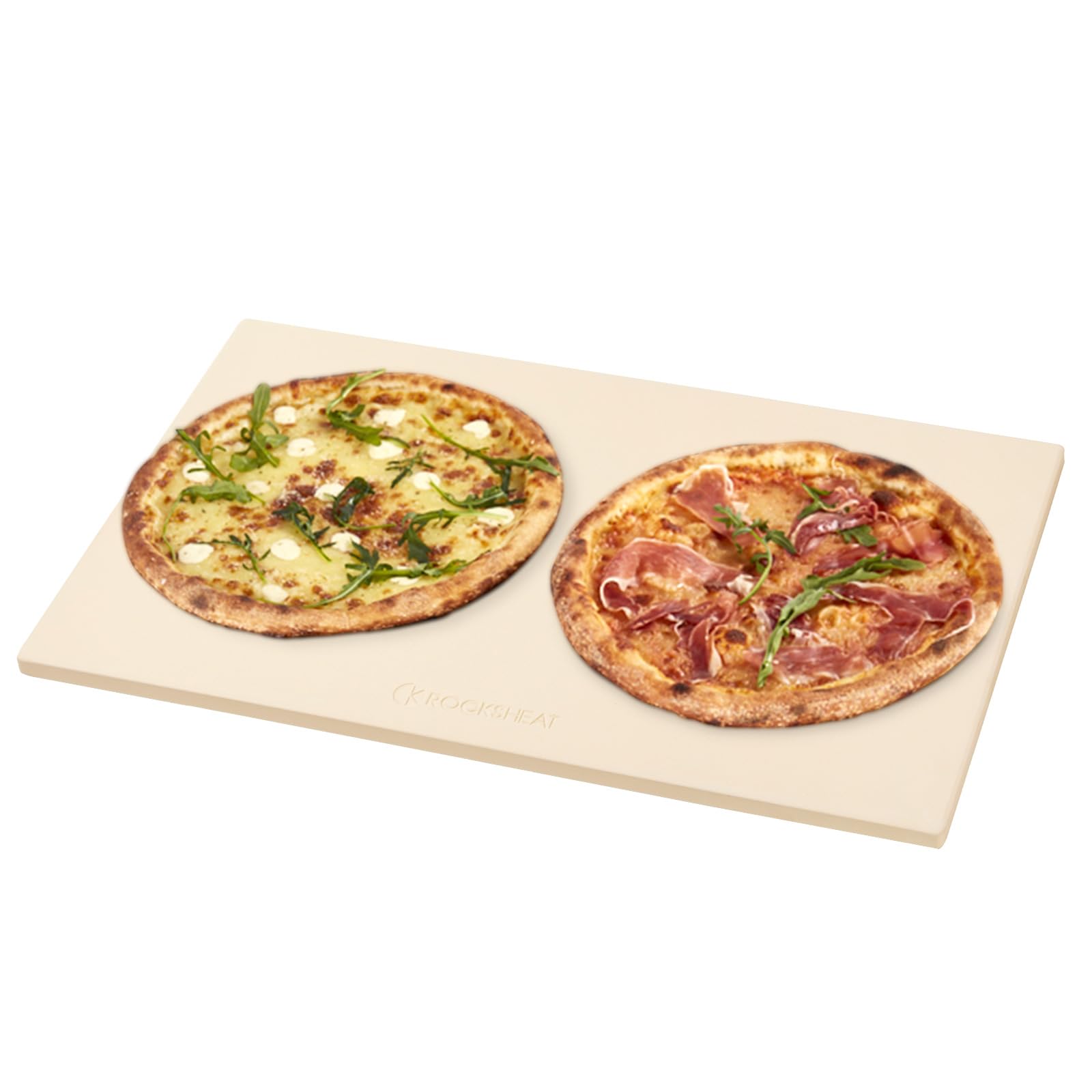 ROCKSHEAT pizza stone in oven with pizza baking demonstrating even browning benefit