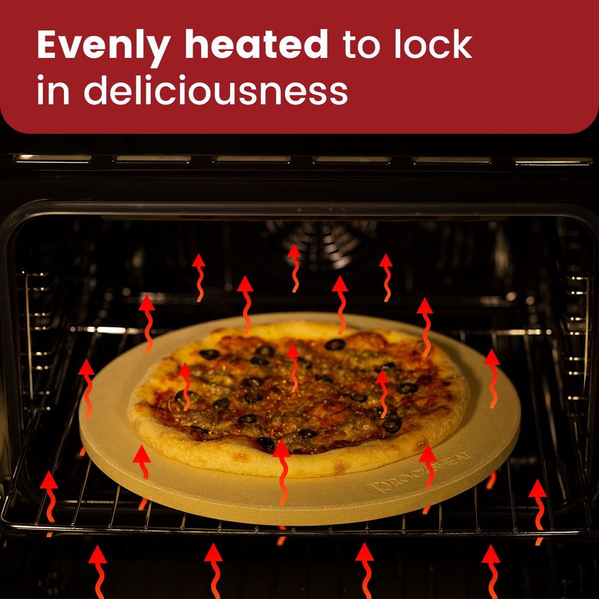 ROCKSHEAT stone inside oven with pizza cooking, demonstrating crispy-crust results