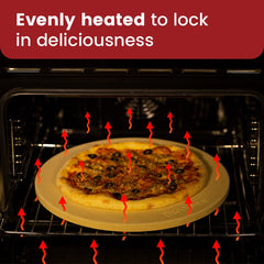 ROCKSHEAT stone inside oven with pizza cooking, demonstrating crispy-crust results