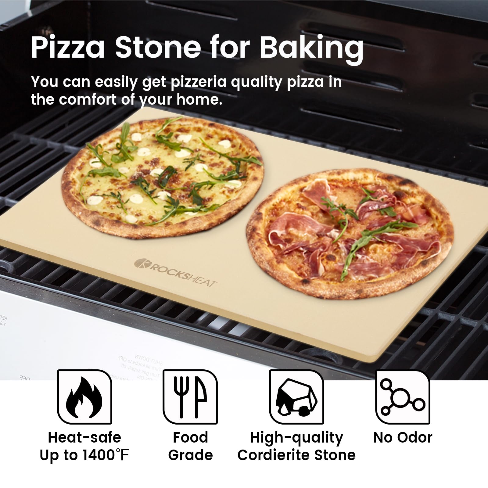 ROCKSHEAT stone in oven with pizza demonstrating crisping and browning benefit