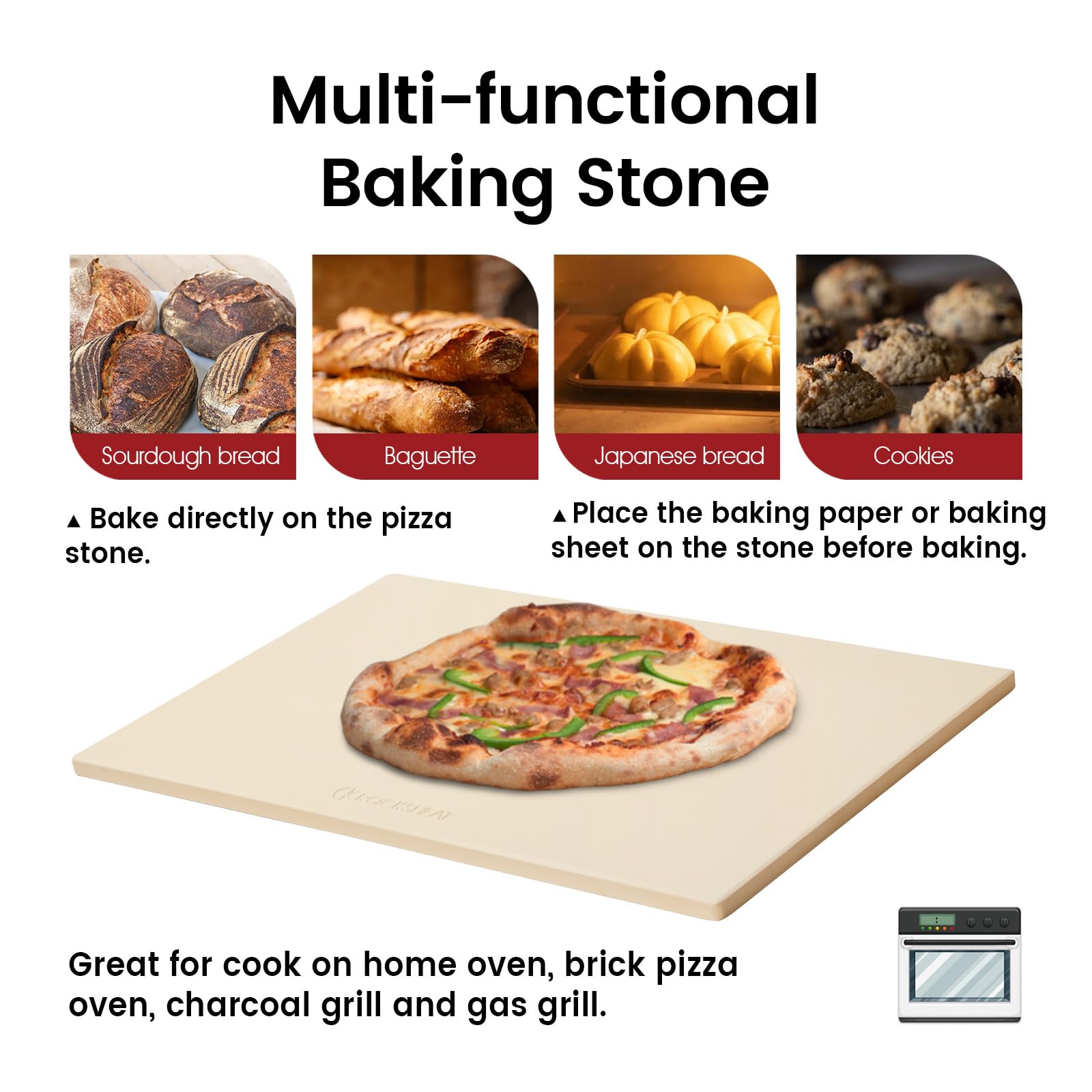 ROCKSHEAT stone placed on grill producing crisp crust outdoors showing heat resistance benefit