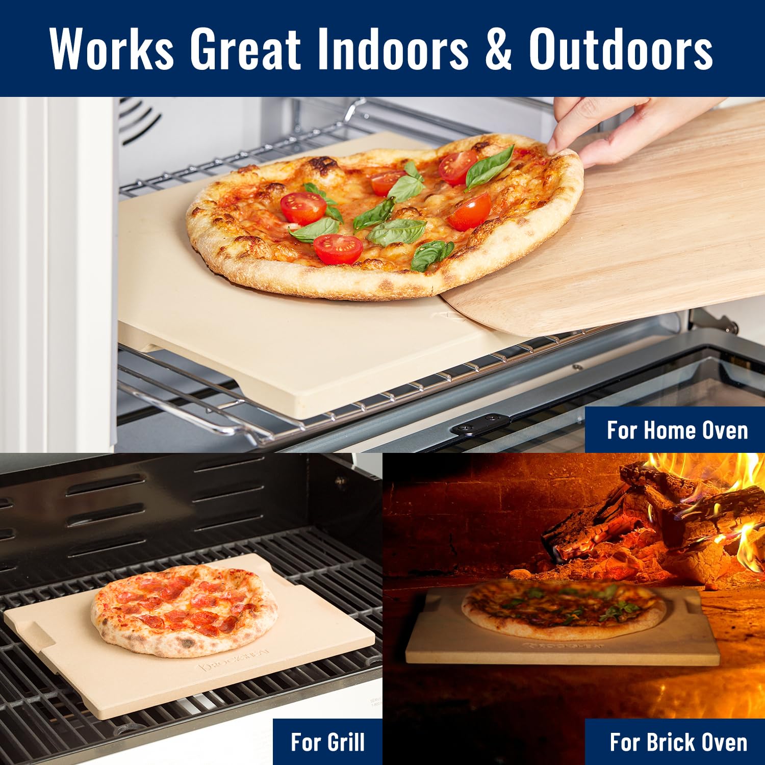 ROCKSHEAT pizza baking on stone with crispy crust result benefit