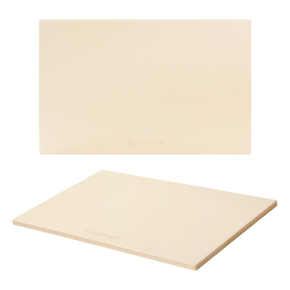 ROCKSHEAT front view of rectangular pizza stone showing full surface and edges benefits crisp bake