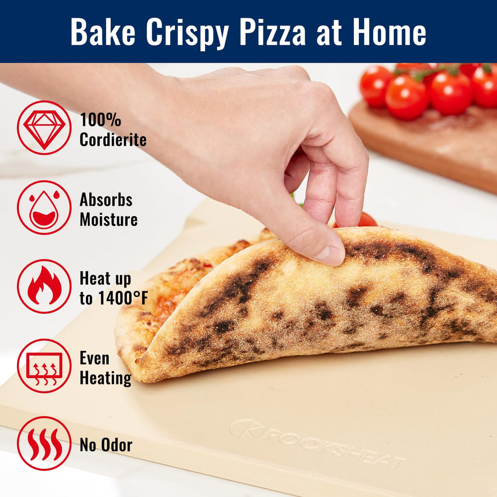 ROCKSHEAT pizza stone inside oven with pizza showing even browning and consistent heat