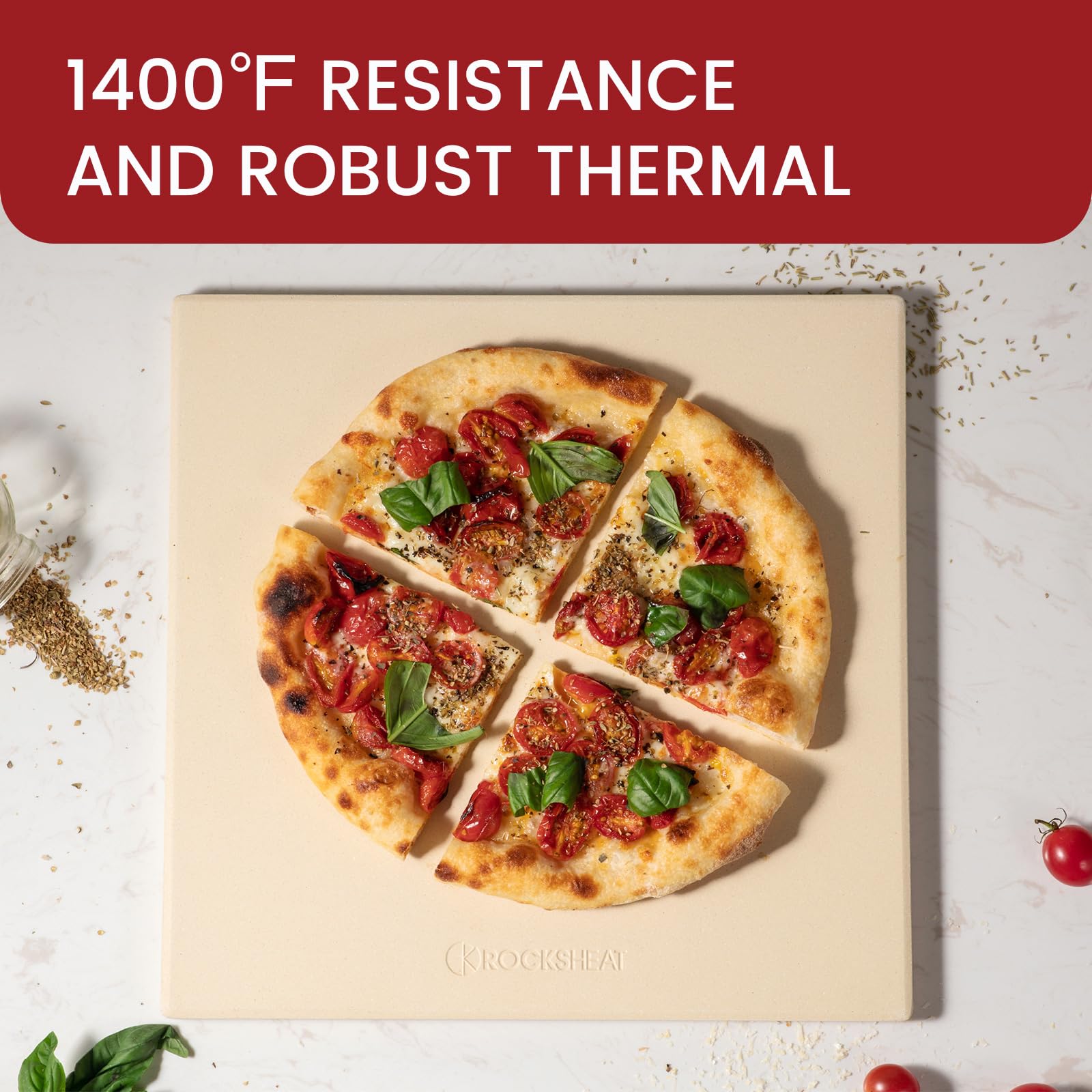 ROCKSHEAT stone with freshly baked pizza top-down showing crispy crust result