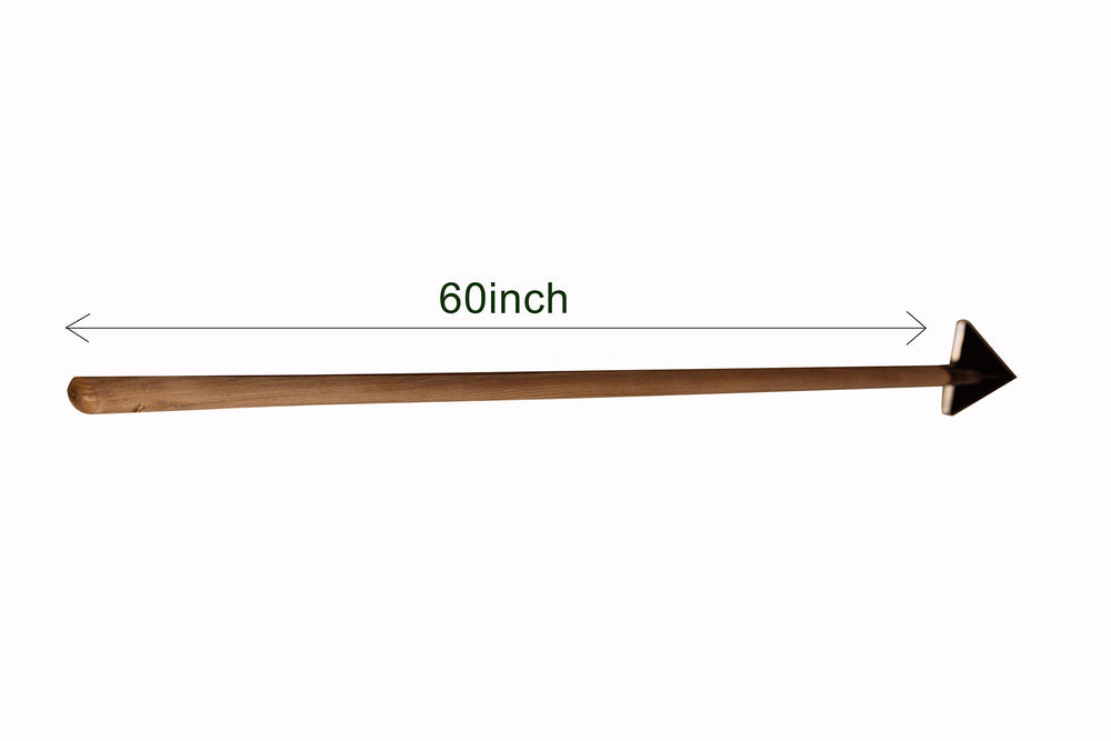Rogue & Arcadian hoe beside common garden tools to show 60-inch scale and reach advantage