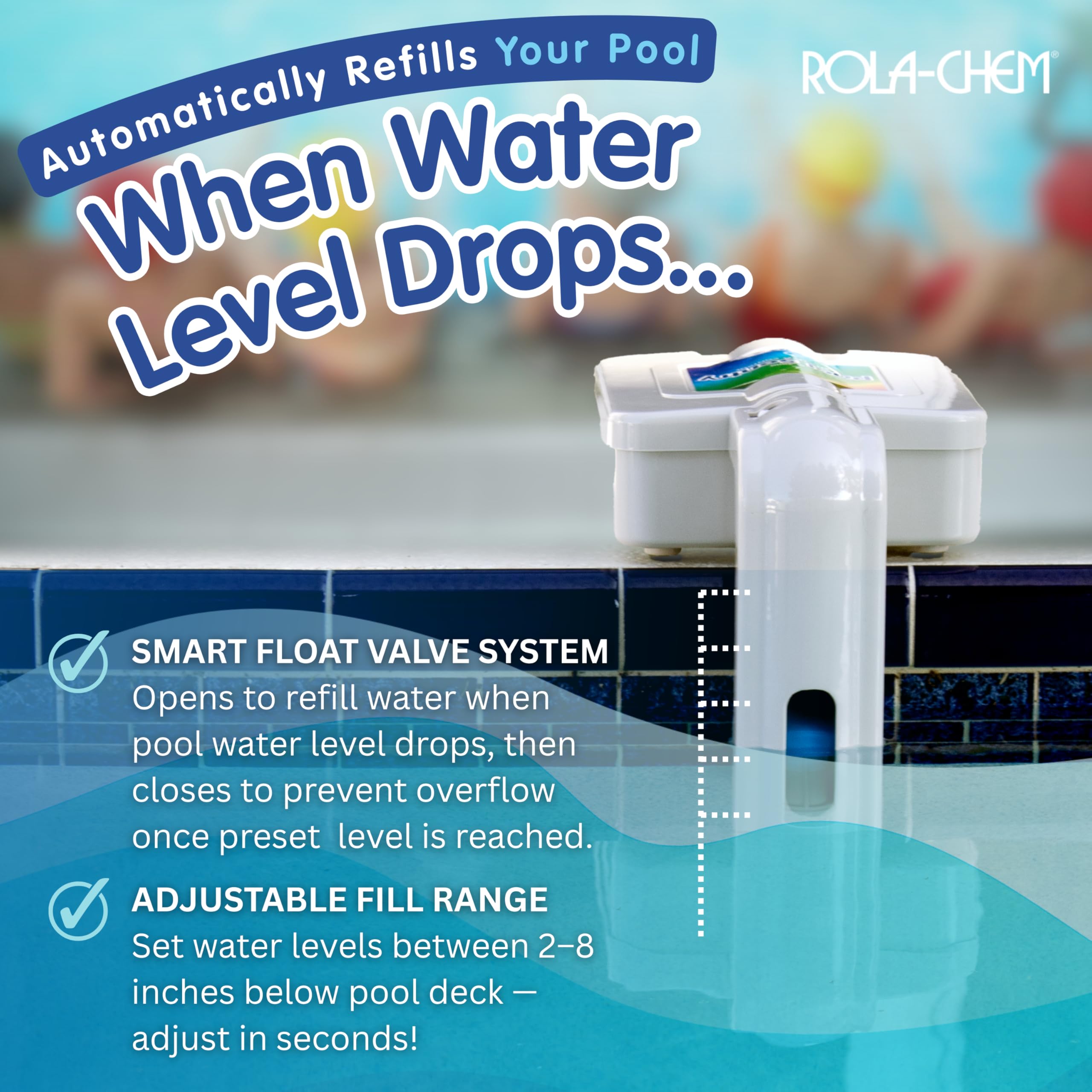 Rola-Chem adjustable legs detail showing leveling benefit on uneven pool coping