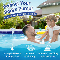 Rola-Chem unit connected to hose and refilling pool demonstrating hands-off water maintenance