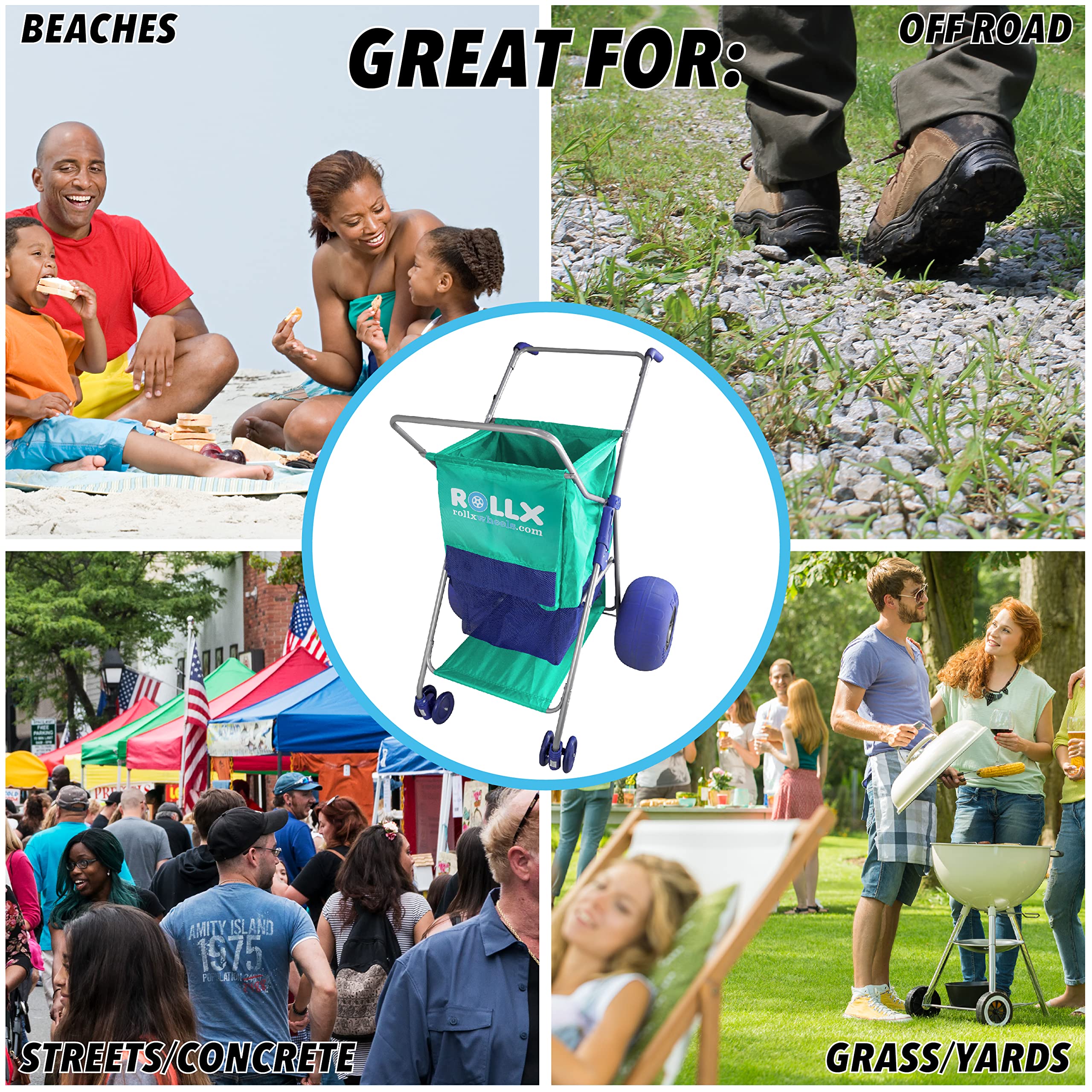 RollX beside beach chair showing scale and portability benefit