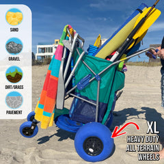 RollX close-up of 13-inch rear balloon wheel for sand flotation benefit