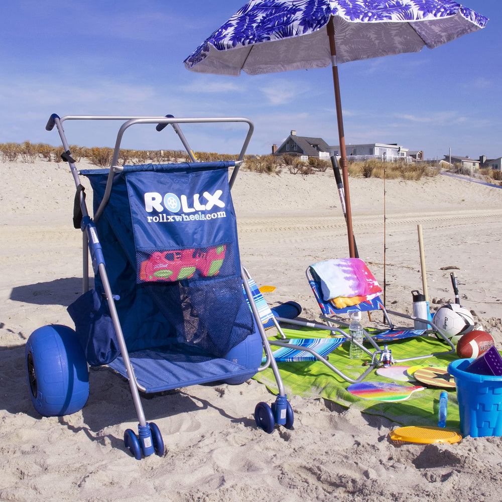 RollX cart next to adult for scale showing roomy dimensions and load capacity