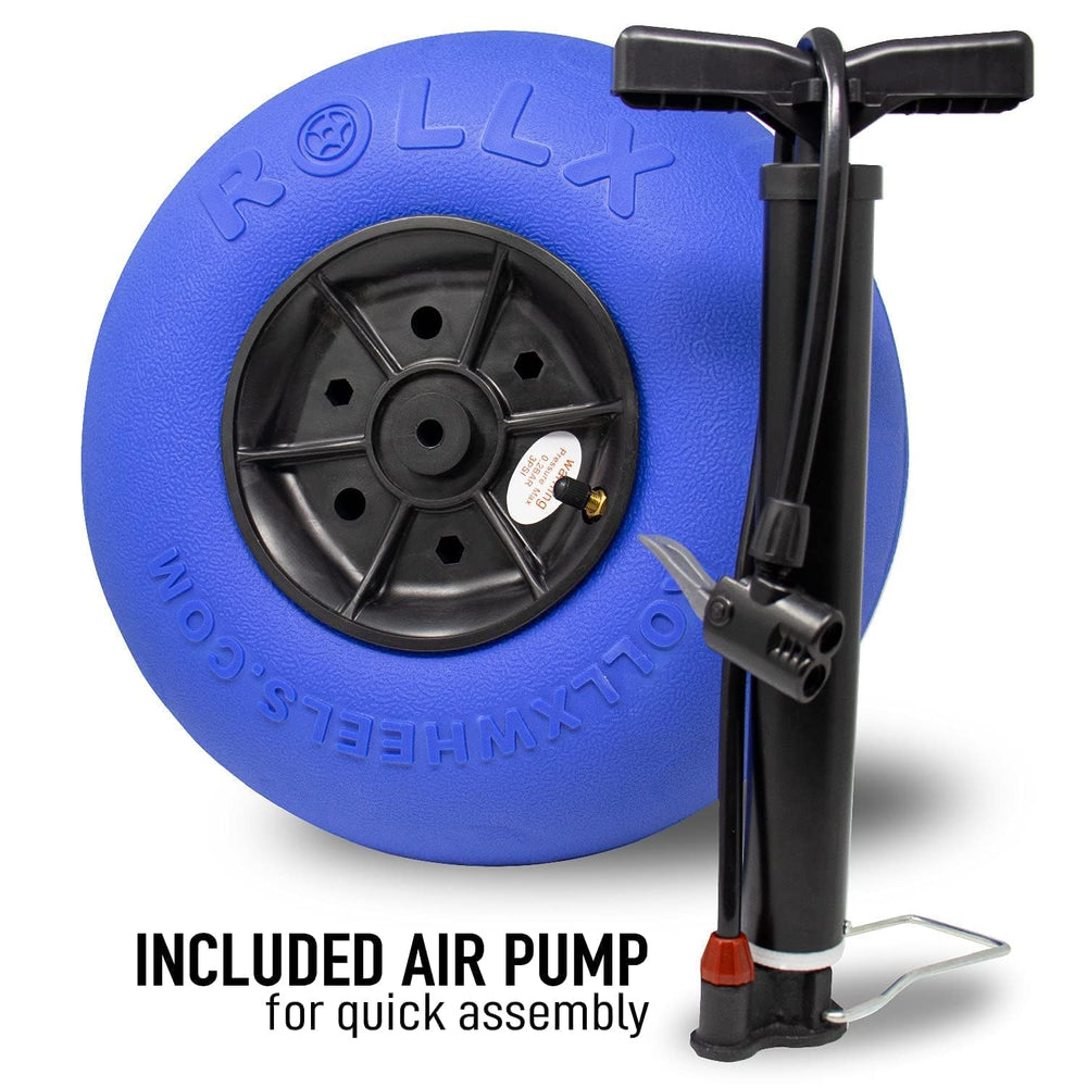 RollX wheel being inflated with included pump for ready-to-go tire pressure