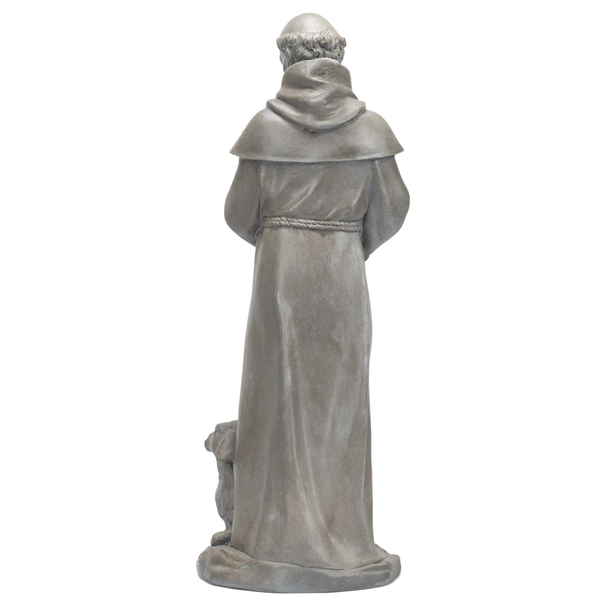 Roman Saint Francis back label and base showing durable resin construction benefit