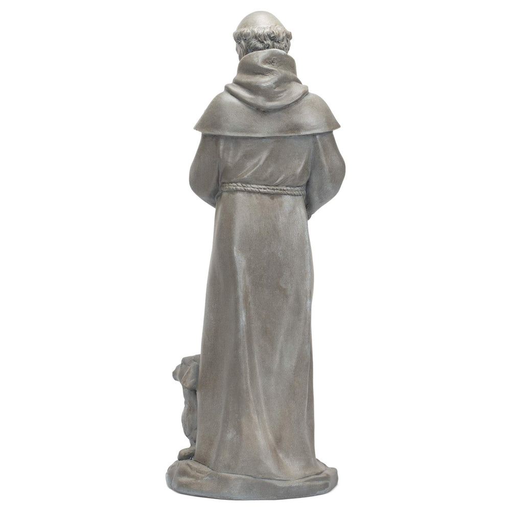 Roman Saint Francis back label and base showing durable resin construction benefit