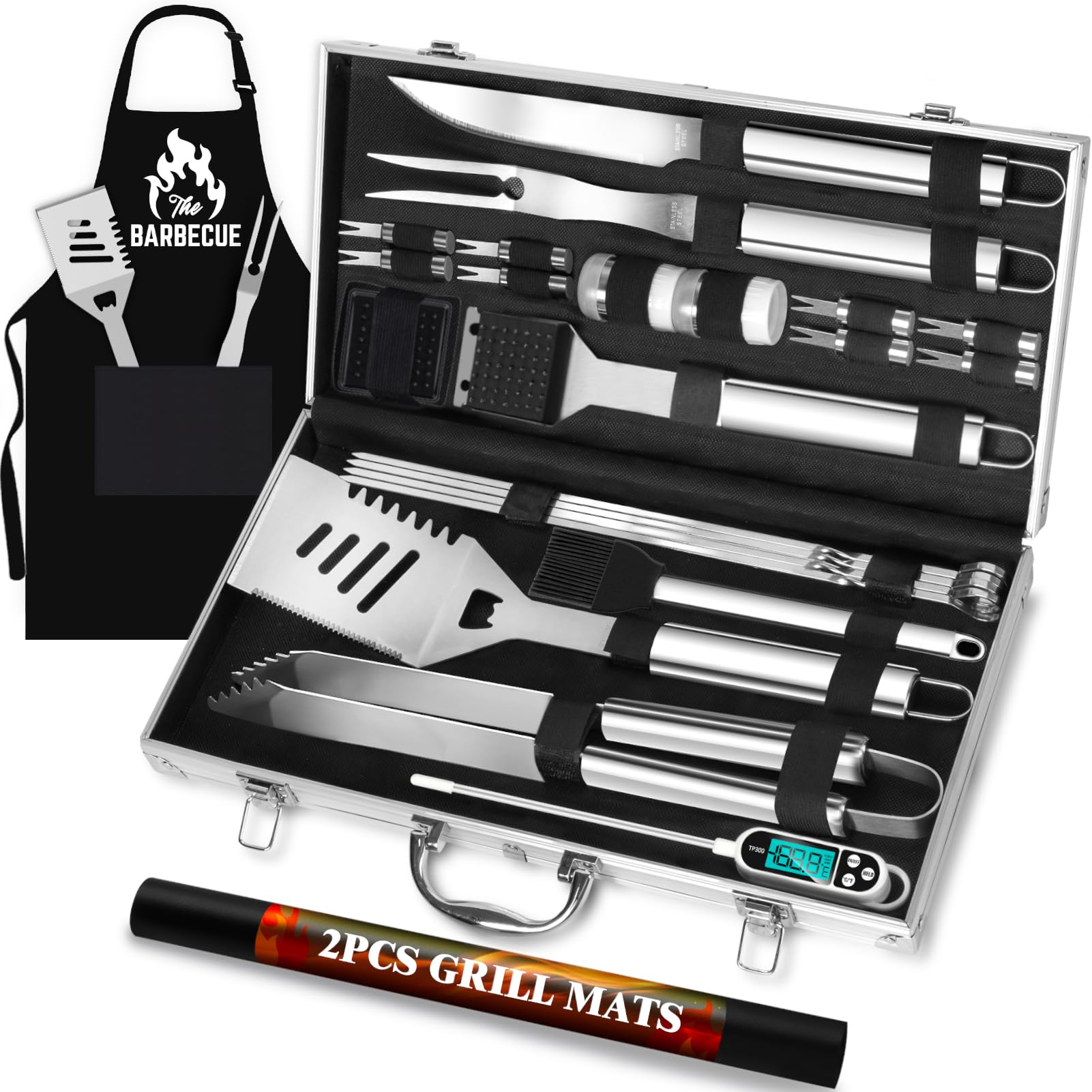 ROMANTICIST aluminum case open showing organized grill tools and quick transport benefit